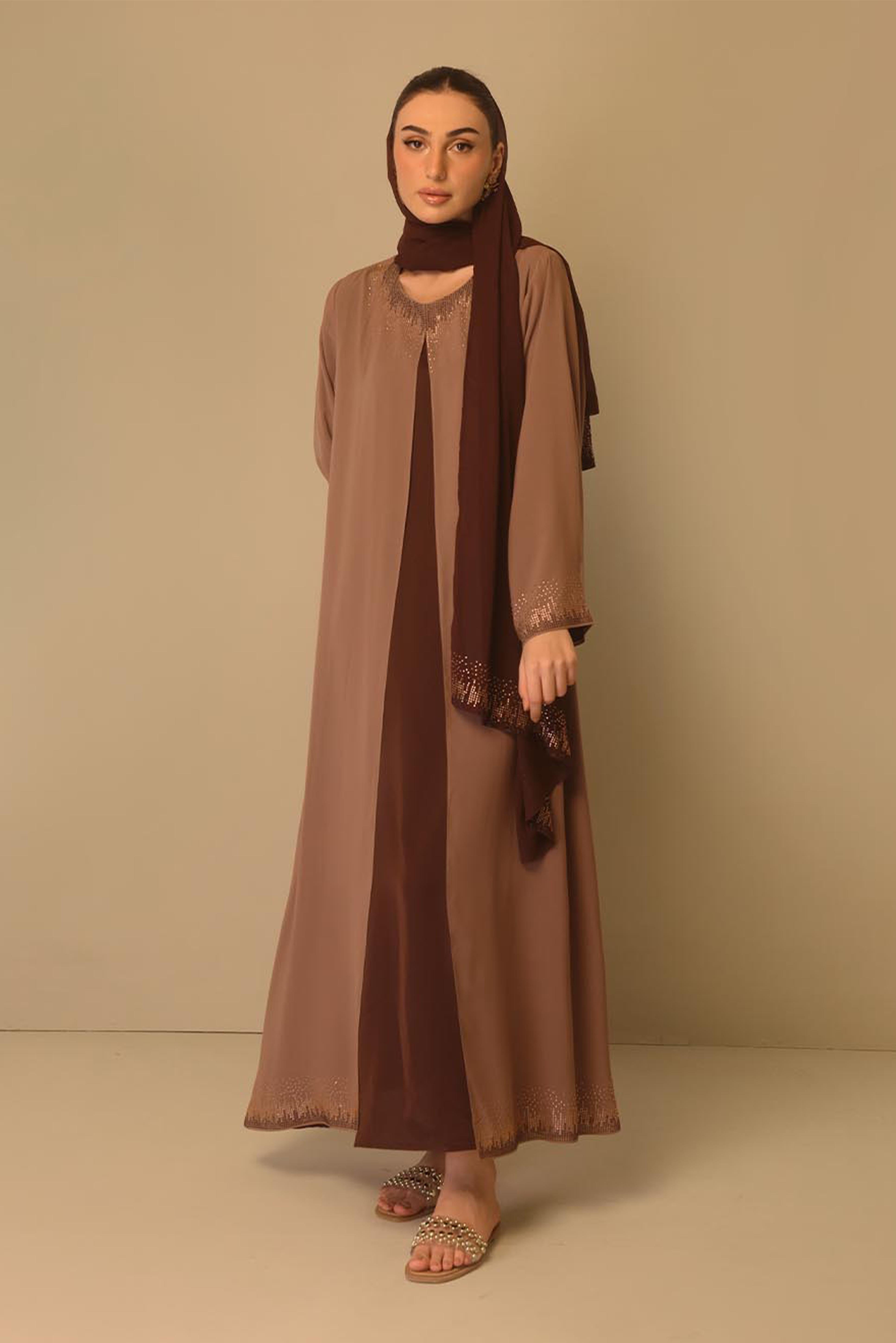 Coffee Layered Chiffon Maxi Abaya Set | Shop Abayas Online ??? MUMTAZ