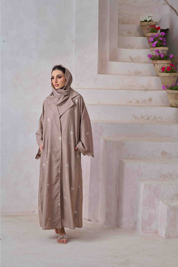 Riva - Khaki Embroidered Open Front Abaya