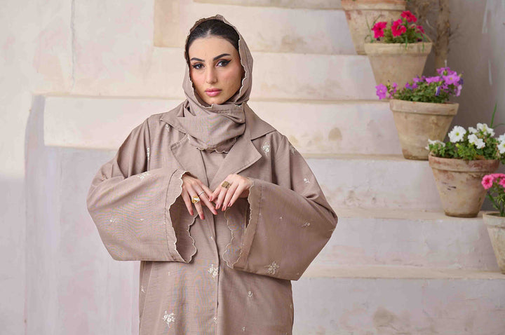 Riva - Khaki Embroidered Open Front Abaya