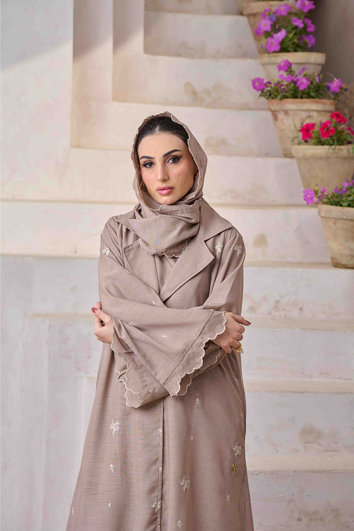 Riva - Khaki Embroidered Open Front Abaya