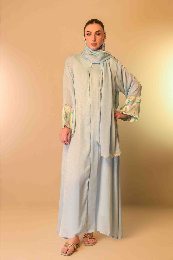 Labani - Ice Blue Button-Down Abaya with Hijab