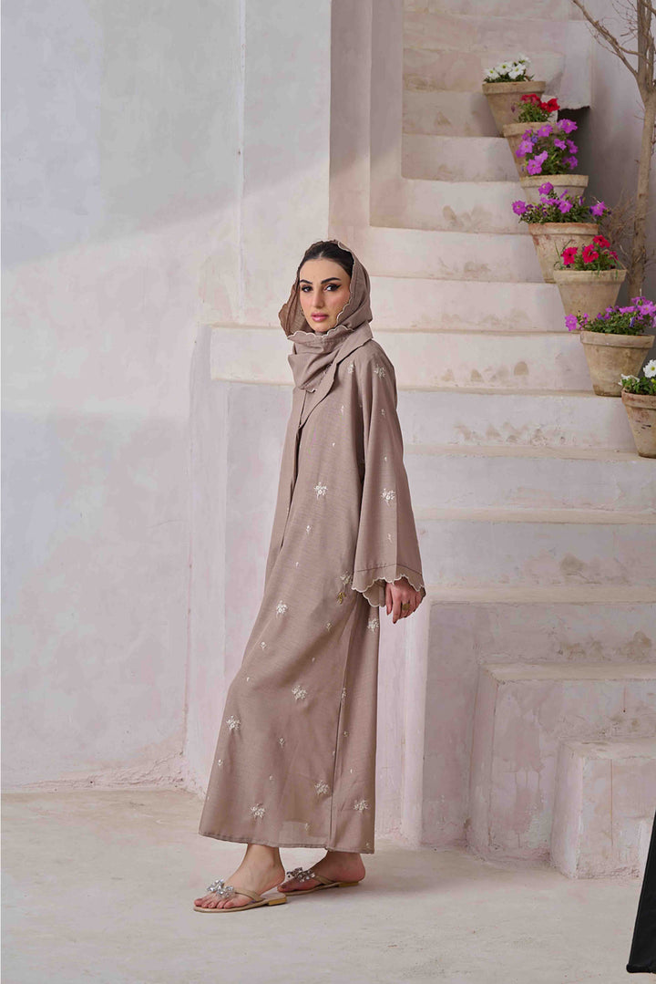 Riva - Khaki Embroidered Open Front Abaya
